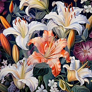 Seamless pattern with blooming lilies hand-drawin photo