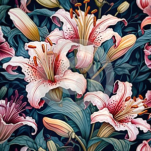 Seamless pattern with blooming lilies hand-drawin photo