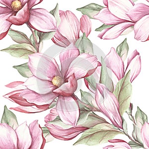 Seamless pattern with blooming magnolia. Watercolor illustration.