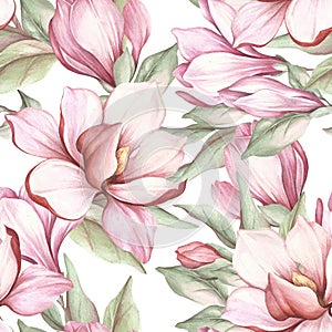 Seamless pattern with blooming magnolia. Watercolor illustration. photo