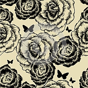 Seamless pattern with blooming roses and butterfli