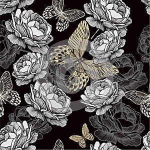 Seamless pattern with blooming roses and butterfli