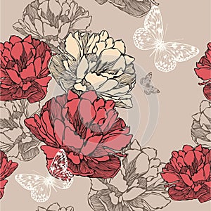 Seamless pattern with blooming tulips and flying b