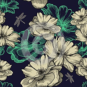 Seamless pattern with blooming wild roses and drag