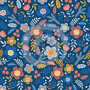 Seamless pattern of blossom meadow. Interweaving of stylized doodle flowers and branches in the Scandinavian color style