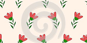 Seamless pattern with blossom red tulips or meadow flowers on beige, doodle style vector