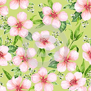 Seamless pattern with blossoming apple tree flowers on green background. Elegance vintage endless texture in watercolor