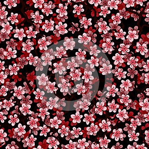 Seamless pattern with blossoming Japanese cherry sakura branches.Pink flower on black background