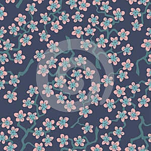 Seamless pattern with blossoming Japanese cherry sakura branches.Pink flowers on gray background