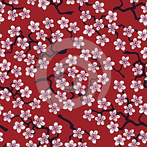 Seamless pattern with blossoming Japanese cherry sakura.Pink flowers on terracotta background