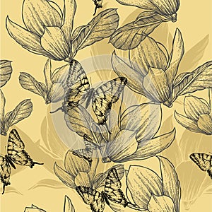 Seamless pattern with blossoming magnolias and but