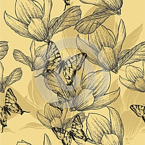 Seamless pattern with blossoming magnolias and but photo