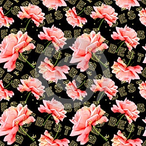 Seamless pattern of blossoming pink roses. JPG.