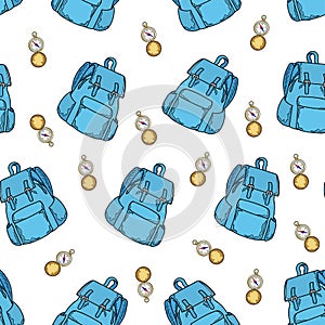 Seamless pattern. blue backpack. gold compass. white background. Hand drawing. Vector illustration. cartoon style.