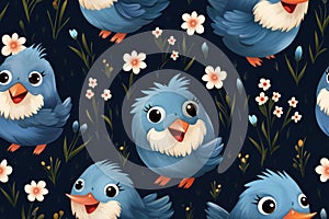 seamless pattern with blue birds and flowers