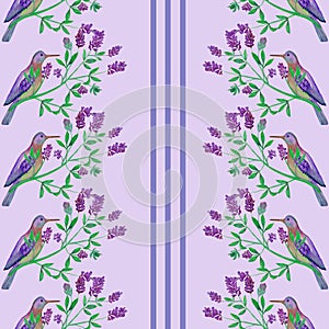 Seamless pattern with blue birds and flowers painted in watercolor on a purple background.