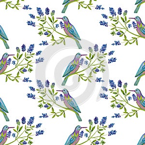 Seamless pattern with blue birds and flowers painted in watercolor on a white background.