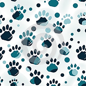 seamless pattern with blue black footsteps paw prints of wild animal on white background