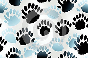 seamless pattern with blue black footsteps paw prints of wild animal on white background