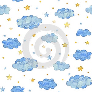 Seamless pattern with blue clouds and yellow stars, baby background
