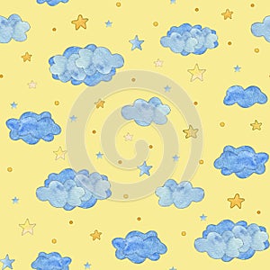 Seamless pattern with blue clouds and yellow stars, baby background