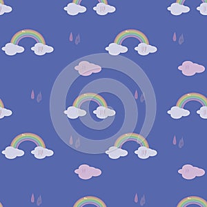 Seamless pattern blue colorful colorful rainbow weather figure drops rain clouds sky vector gift wrapping fun kids background