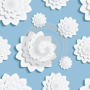 Seamless pattern blue with 3d flower chrysanthemum