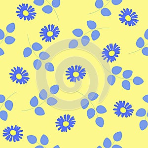 Seamless pattern blue daisies flowers, leaf on yellow background. Floral repeat girly print, vector eps 10