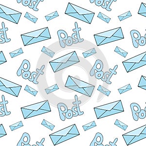 Seamless pattern with blue envelopes and post lettering. Simple vector illustration in cartoon doodle style. Concept of telegram,