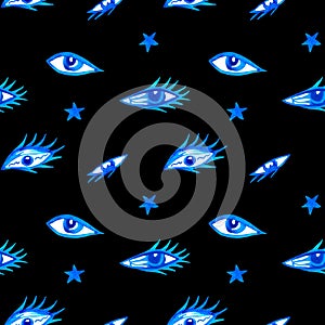 Seamless pattern with blue eyes for blogs about religion, faith, unknowable.