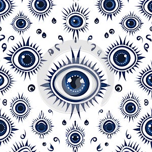 Seamless pattern with blue eyes and sun. Vector illustration