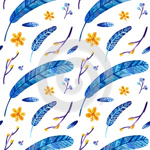 Seamless pattern with blue feathers and yellow flowers.
