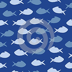 Seamless Pattern with Blue Fish Silhouettes.