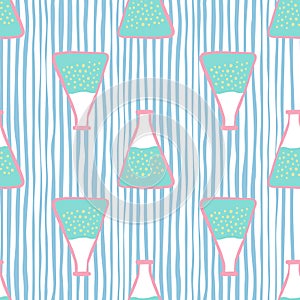 Seamless pattern with blue flask ornament. Labaratory experiment elements on striped blue and white backround