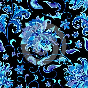 Seamless pattern with blue flowers