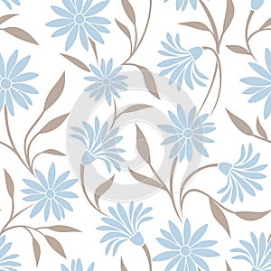Seamless pattern with blue flowers and beige leaves. Vector illustration.
