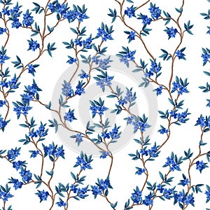 Seamless pattern with blue flowers and branches. Vector.