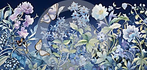 Seamless pattern with blue flowers and butterflies. Watercolor illustration