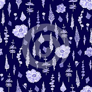 Seamless pattern with blue flowers, lavender and mimosa branches, watercolor illustration