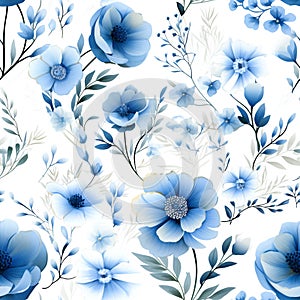 Seamless pattern Blue flowers and leaves swirling isolated on a white background ,water color, AI generated