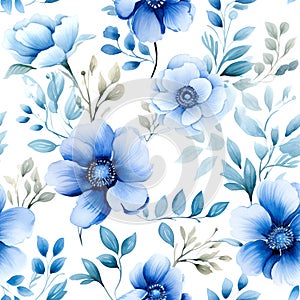 Seamless pattern Blue flowers and leaves swirling isolated on a white background ,water color, AI generated