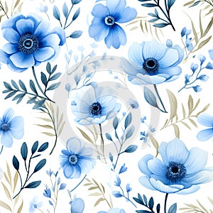 Seamless pattern Blue flowers and leaves swirling isolated on a white background ,water color, AI generated