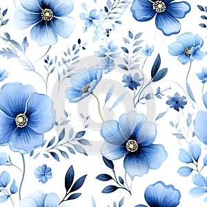 Seamless pattern Blue flowers and leaves swirling isolated on a white background ,water color, AI generated