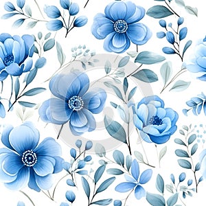 Seamless pattern Blue flowers and leaves swirling isolated on a white background ,water color, AI generated