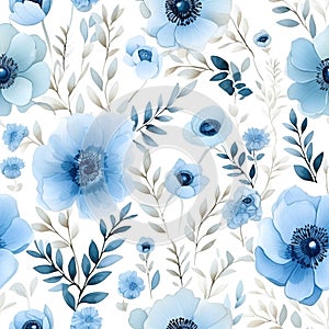 Seamless pattern Blue flowers and leaves swirling isolated on a white background ,water color, AI generated