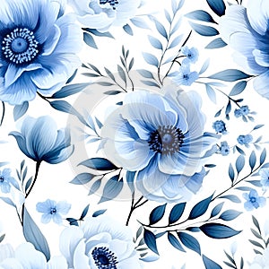 Seamless pattern Blue flowers and leaves swirling isolated on a white background ,water color, AI generated