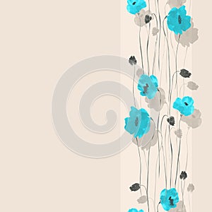 Seamless pattern of blue flowers on a light beige background with vertical stripe. Watercolor