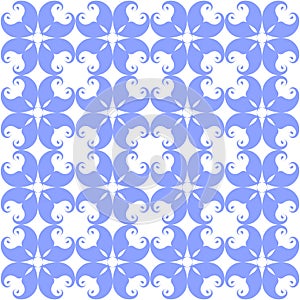 Seamless pattern with blue flowers stars abstract mesh ornament on white background