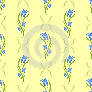 Seamless pattern with blue flowers tulip buds and green leaves.