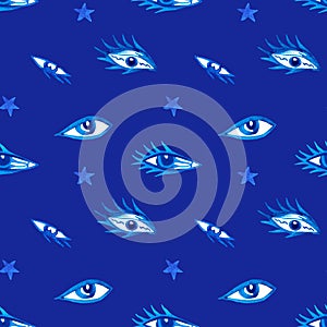 Seamless pattern with blue God\'s all-seeing eyes